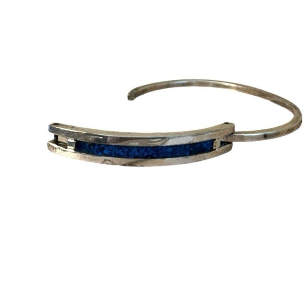 Vintage Alpaca Mexico Silver Crushed Blue Lapiz Inlay Hinged Bracelet One Size - Picture 6 of 7